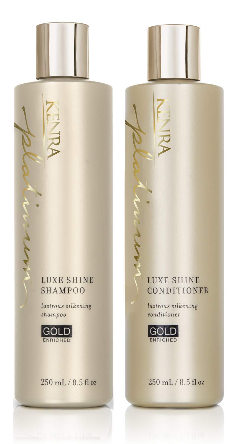 Kenra Platinum Luxe Shine shampoo bottle with gold-infused formula for silky hair.