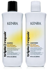 Kenra Triple Repair shampoo bottle showing bond repair action for damaged hair.