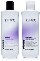 Kenra Violet Shampoo bottle on sink neutralizes brass for blonde hair