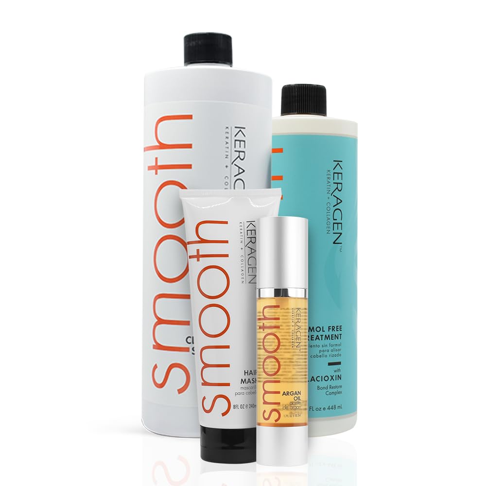 Keragen Brazilian Keratin smoothing treatment bottle showing frizz control and glossy finish