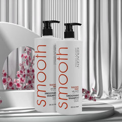 KERAGEN smoothing shampoo in use creating creamy lather for silky hair.