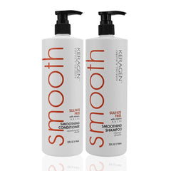 Keragen smoothing shampoo bottle pour for even distribution and shine.
