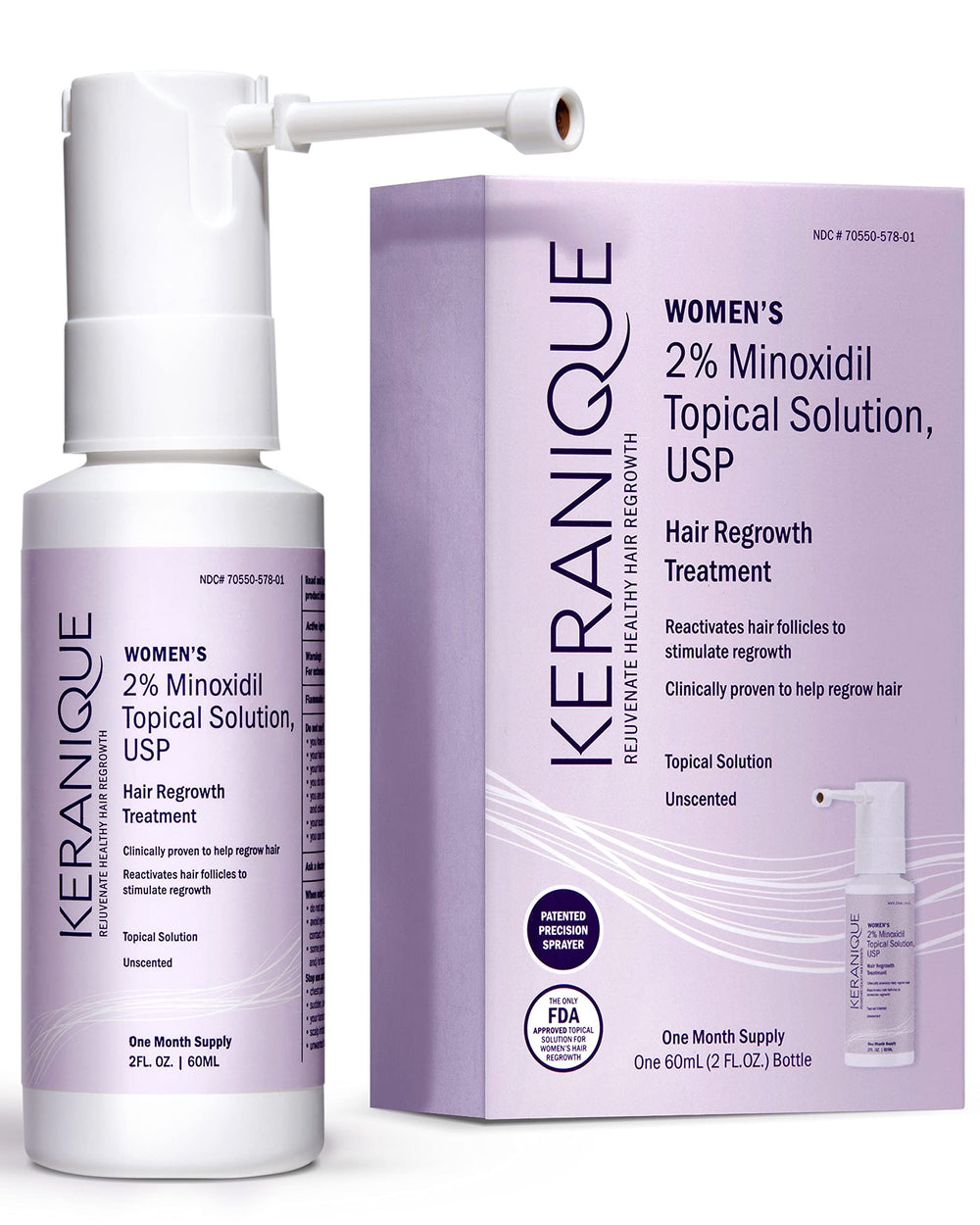 Keranique 2% Minoxidil spray bottle for targeted scalp application to support thinning.