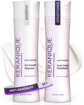 Keranique anti-dandruff shampoo bottle offering soothing relief for itchy, flaky scalp.
