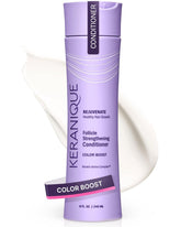 Keranique Color Boost Conditioner – flacon élégant, cheveux colorés revitalisés et démêlage facilité.