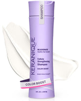 Keranique Color-Boost Shampoo bottle demonstrates color-safe cleansing for treated hair.