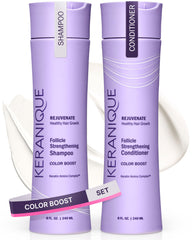 Keranique color-safe shampoo bottle preserves vibrancy for color-treated hair.