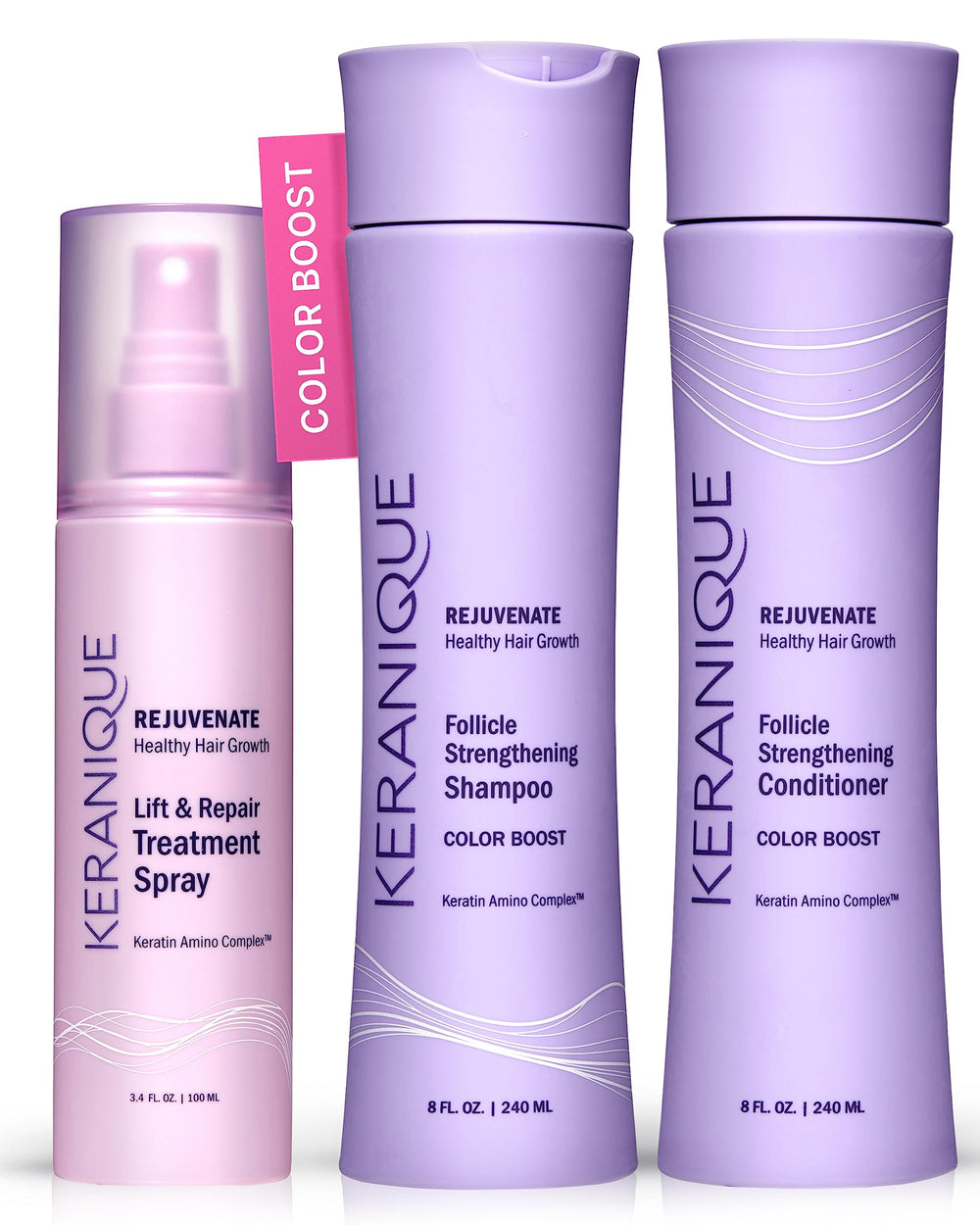 Keranique color-treated shampoo bottle showing color protection and shine.