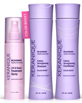Keranique color-treated shampoo bottle showing color protection and shine.