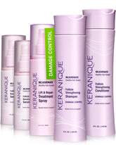 Keranique Damage Control Set shampoo bottle illustrates a sulfate-free formula for smoother, color-treated hair.