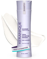 Keranique Deep Hydration Shampoo bottle showing nourishing scalp care benefits