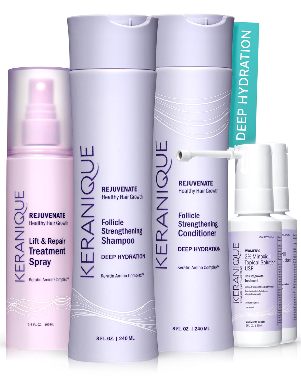 Keranique Deep Hydration Shampoo bottle nourishes dry hair for a softer, shinier feel