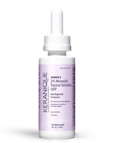 Keranique hair regrowth dropper bottle highlights the 2% minoxidil formula for regrowth.