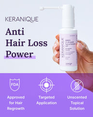 Keranique hair regrowth treatment bottle displayed for at-home regrowth routine.