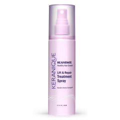 Keranique Hair Thickening Spray bottle close-up showing instant volume and lift