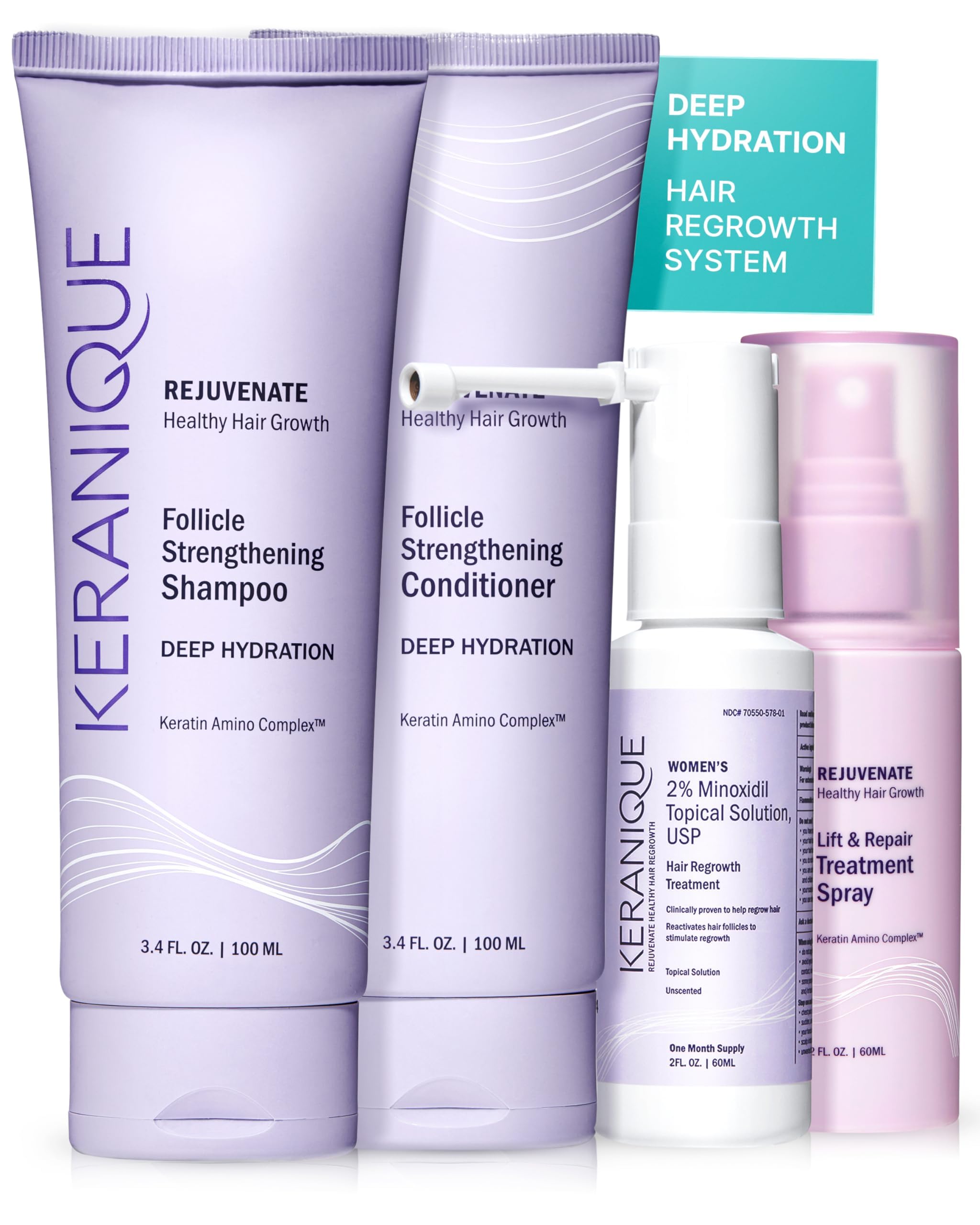 Keranique regrowth system bottle with minoxidil supports potential hair regrowth