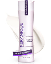 Keranique Scalp Restoring Conditioner bottle hero shows soothing dry scalp with gentle exfoliation benefits.