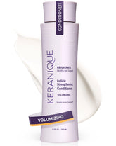 Keranique voluminizing conditioner bottle enhances fullness for fine hair