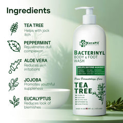 KERAPIL Bacterinyl Tea Tree Oil Body Wash back label lists ingredients like peppermint and eucalyptus for freshness.