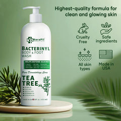 KERAPIL Bacterinyl Tea Tree Oil Body Wash front label highlights tea tree oil for refreshed skin.