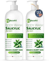 KERAPIL exfoliating body wash bottle displaying dual-action formula for smoother skin
