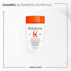 Kérastase Nutritive shampoo bottle close-up emphasizing moisture delivery for dry hair.