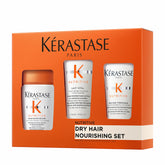 Kérastase Nutritive Discovery Set travel bottles on vanity, showcasing hydration-ready luxury.