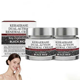 Keratin Erase bottle shows dual-action cream for daily hydration.