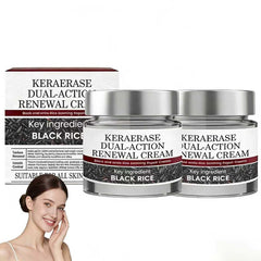 Keratin Erase bottle shows dual-action cream for daily hydration.