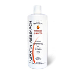 KERATIN RESEARCH Natural Argan Oil Shampoo bottle with sulfate-free formula for keratin maintenance.