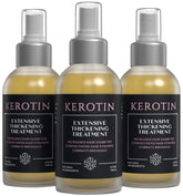 K Kerotin hair thickening spray bottle close-up shows lightweight texture and shine.