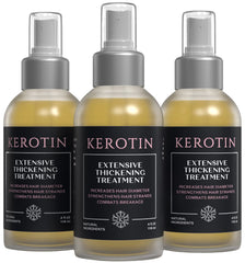 K Kerotin hair thickening spray bottle close-up shows lightweight texture and shine.