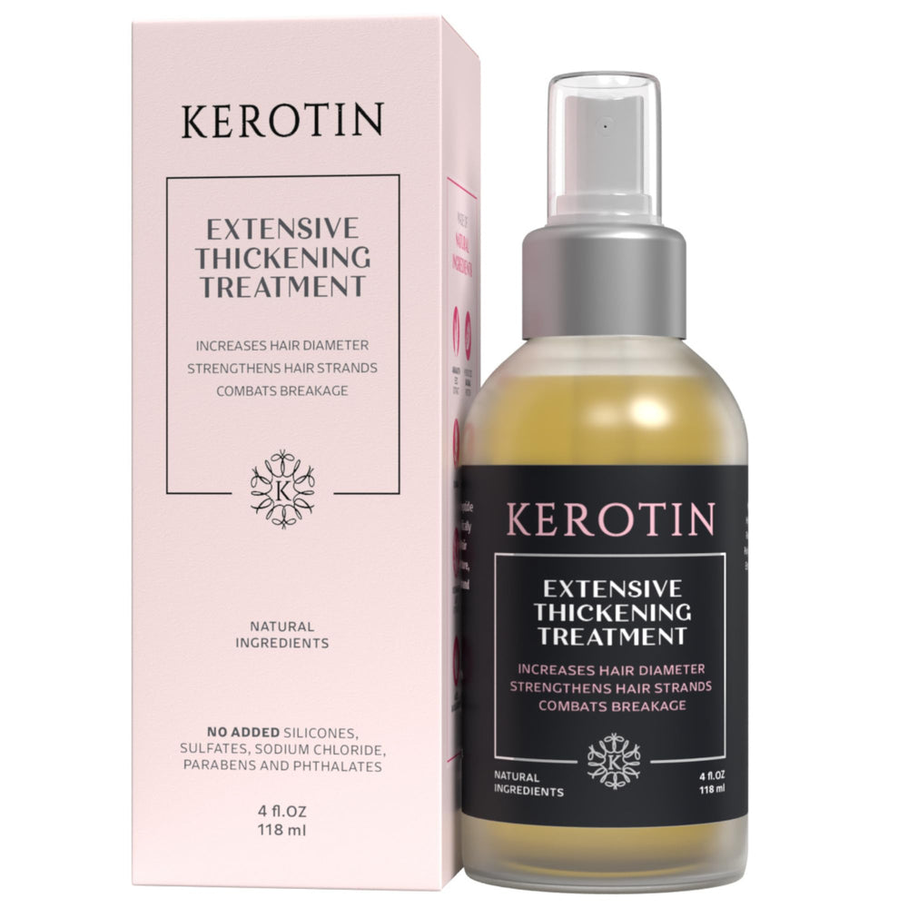 Kerotin Hair Thickening Spray bottle shows volume boost for fine hair.