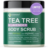 Kesmedik Pure Tea Tree Oil Scrub bottle with Himalayan salt exfoliation for smoother skin