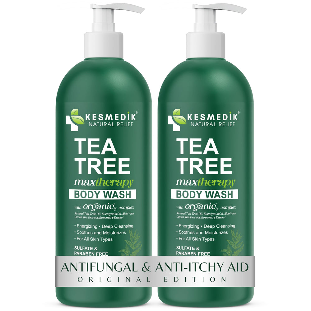 KESMEDIK Tea Tree Body Wash bottle provides a refreshing cleanse for balanced skin.
