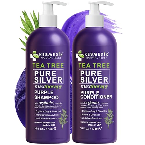KESMEDIK Tea Tree Purple Shampoo bottle demonstrating toning for cooler blonde tones.