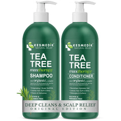 KESMEDIK Tea Tree Shampoo bottle shows refreshing cleanse for scalp