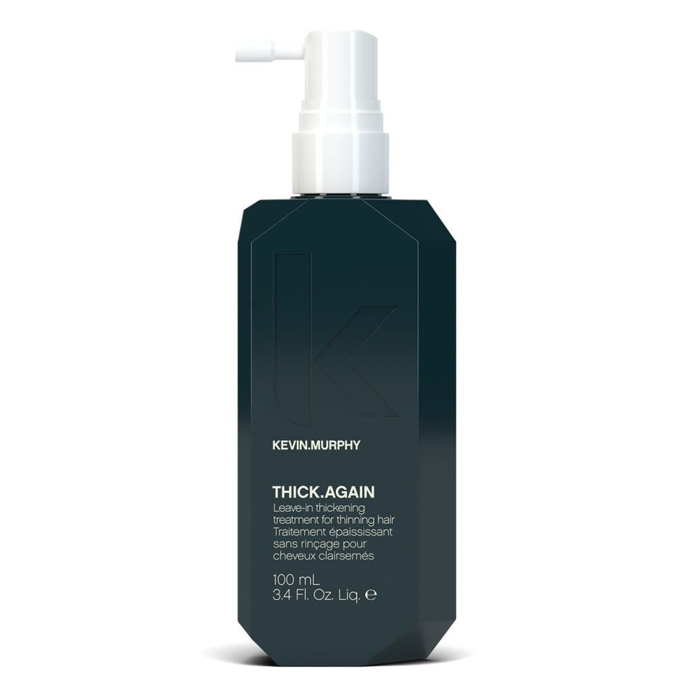 KEVIN.MURPHY THICK.AGAIN bottle closeup for a lightweight treatment for fine, thinning hair