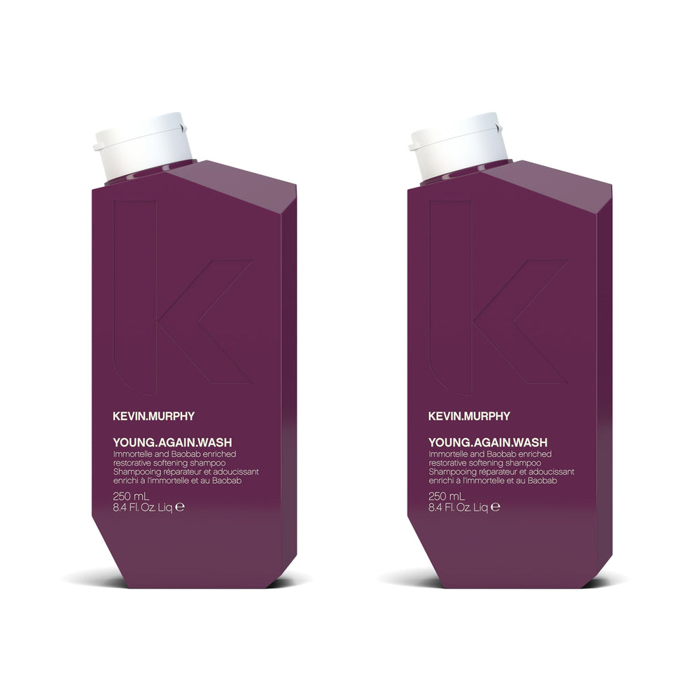 KEVIN.MURPHY YOUNG.AGAIN.WASH bottle close-up highlighting moisturizing formula.