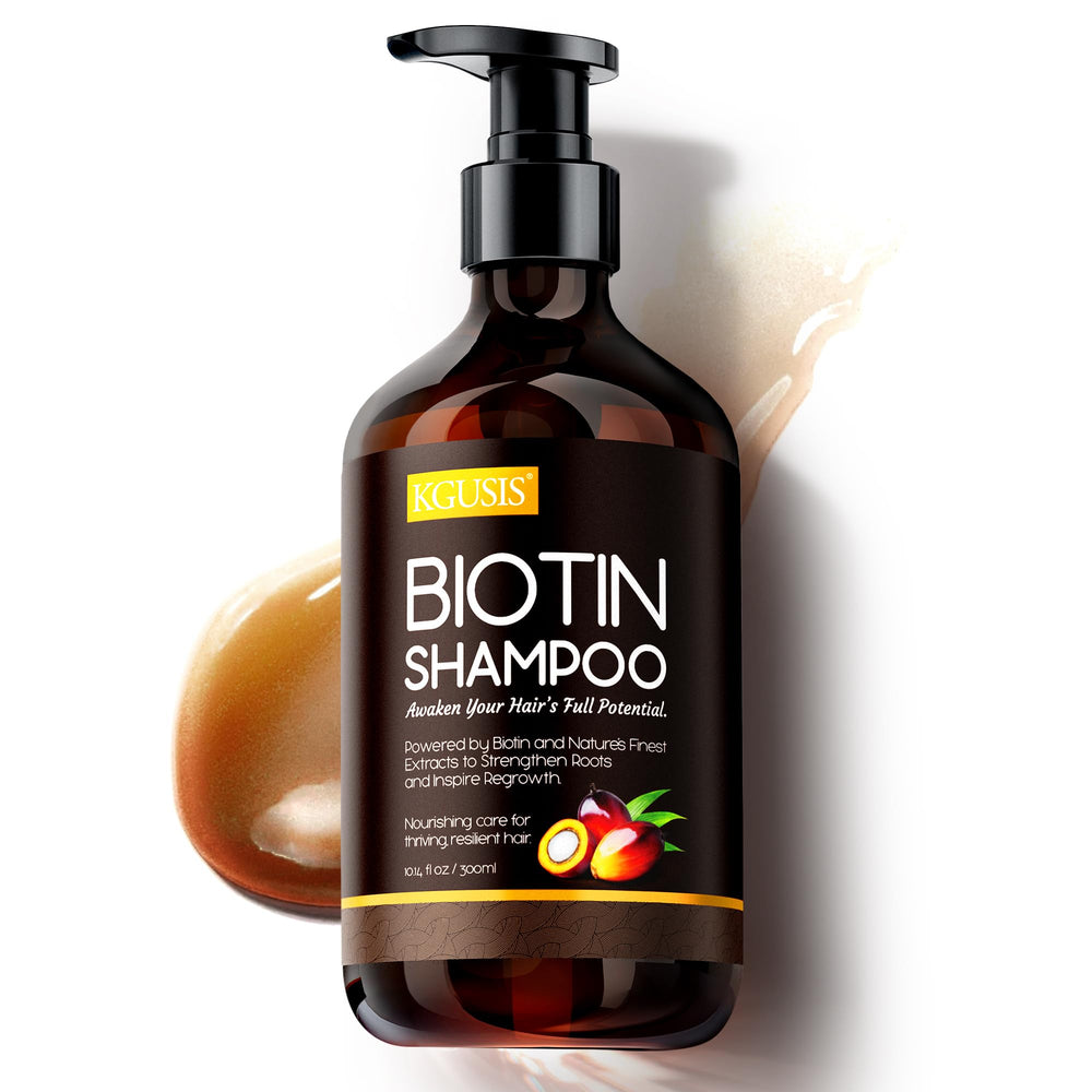KGUSIS Root Activator shampoo bottle front shows biotin formula for stronger roots.