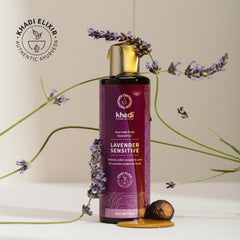 KHADI Lavender Sensitive Shampoo bottle pouring for easy daily use