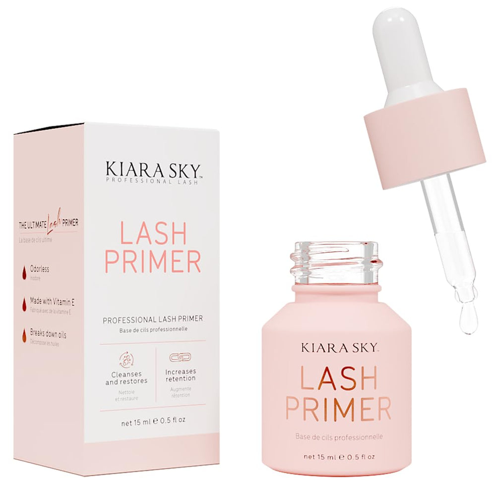 Kiara Sky Lash Primer bottle with dropper enhances adhesion for long-lasting extensions