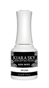 Kiara Sky top coat bottle demonstrates quick cure and lasting gloss
