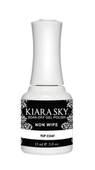 Kiara Sky top coat bottle demonstrates quick cure and lasting gloss