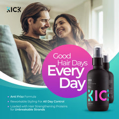 Hands applyingKick Sea Salt Spray for quick texture.