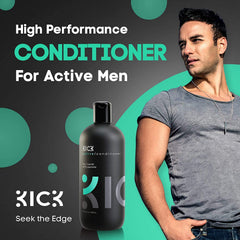 Close-up of the Kick Tea Tree Peppermint Conditioner label highlighting nourishing herbal blend.