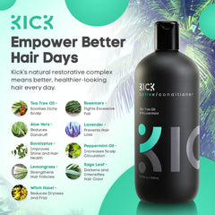 PUMP dispenser shown for easy, mess-free application of Kick conditioner.