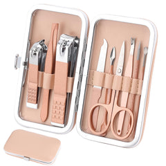 Kidoom manicure set in rose gold case with 9 tools for precise grooming.