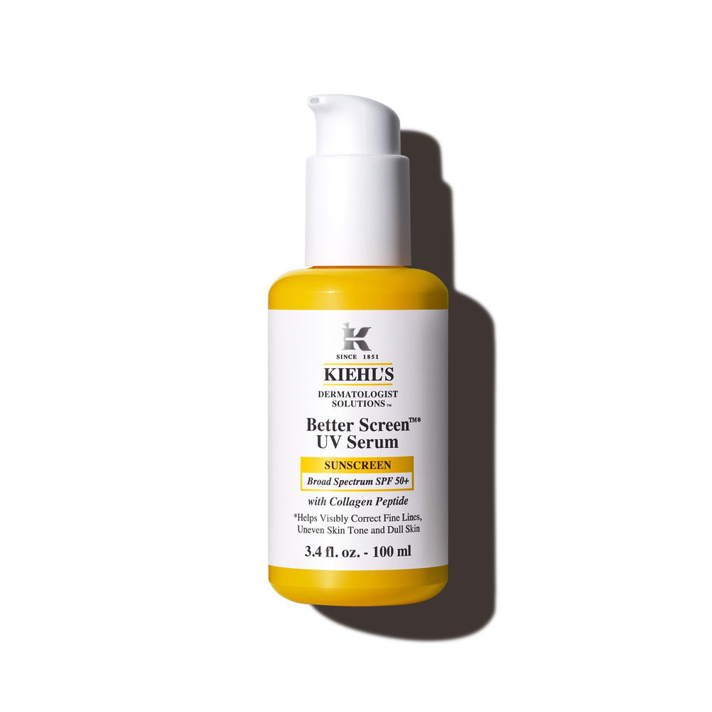 Kiehl's Better Screen SPF 50+ serum bottle for portable sun protection.