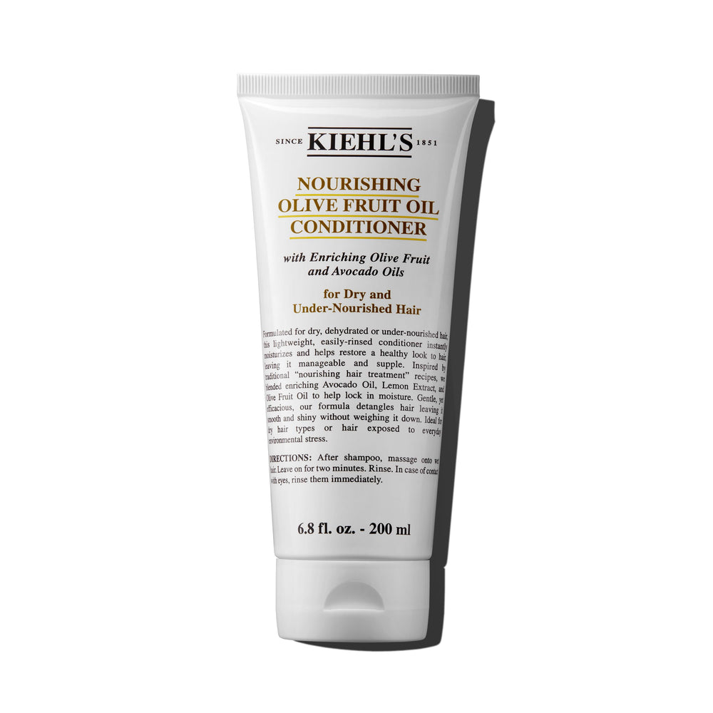 Kiehl's Nourishing Olive Fruit Oil Conditioner bottle delivering lightweight hydration and shine